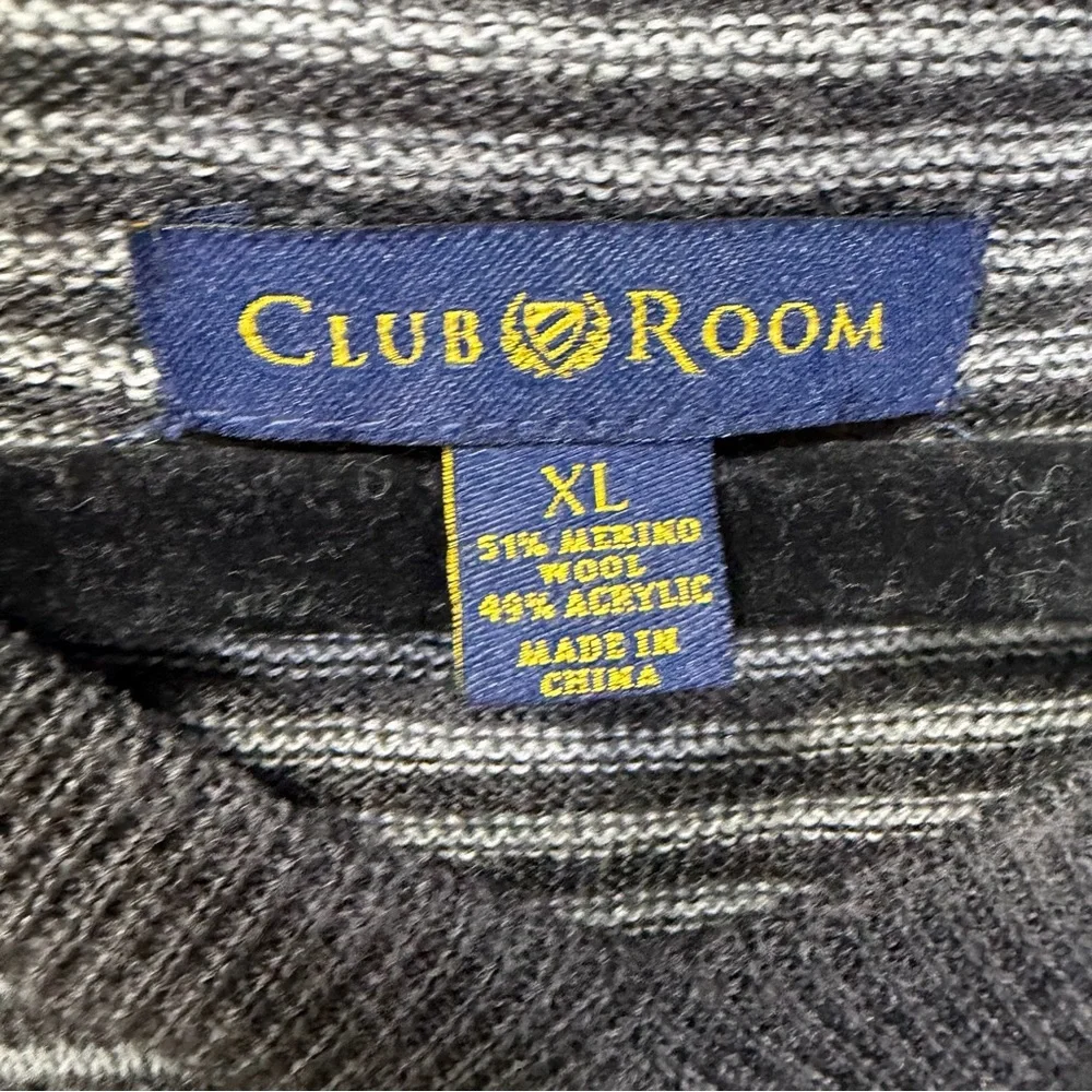 Club‎ Room Black and Gray Merino Wool Blend Striped V-Neck Sweater Size XL